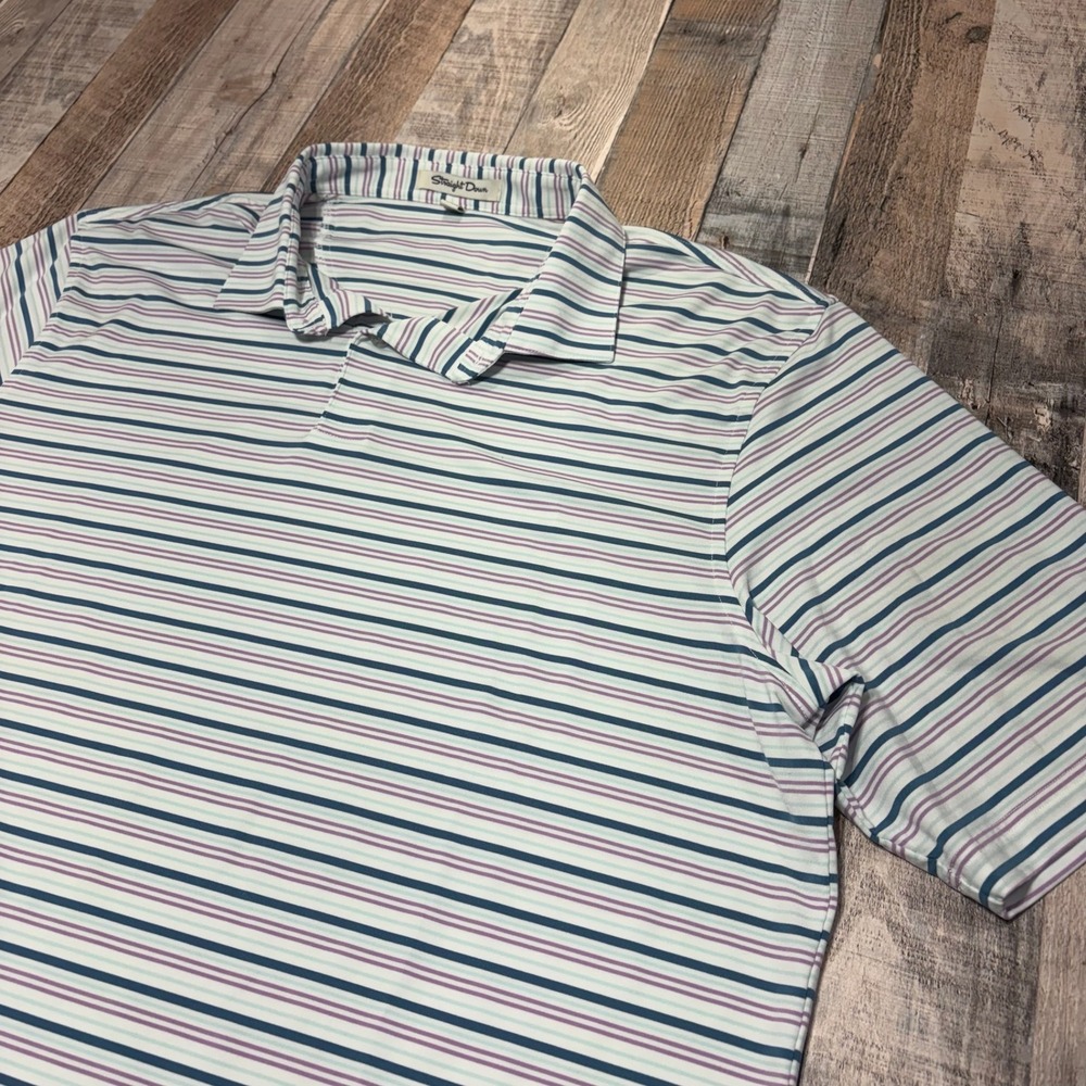 Straight Down Polo Shirt Mens XL White Blue Purple Striped Short Sleeve Golf Top